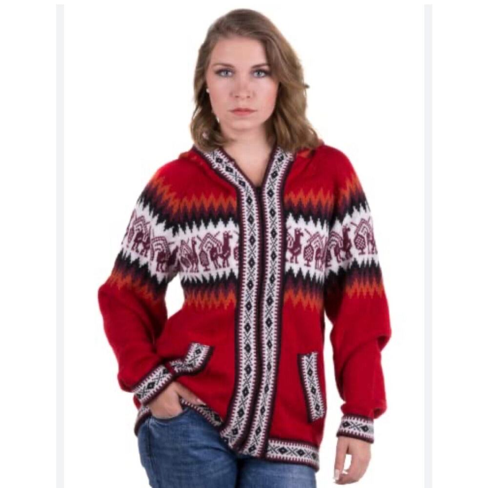 Gamboa 100% Alpaca Wool Zip Women’s S/M Cardigan‎ Hooded Sweater Red Soft